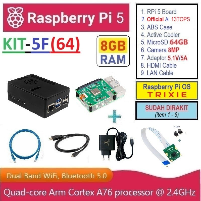 KIT-5F(64)  Raspberry Pi 5 (8GB RAM) KIT AI Camera 8MP - Complete Set SUDAH DIRAKIT